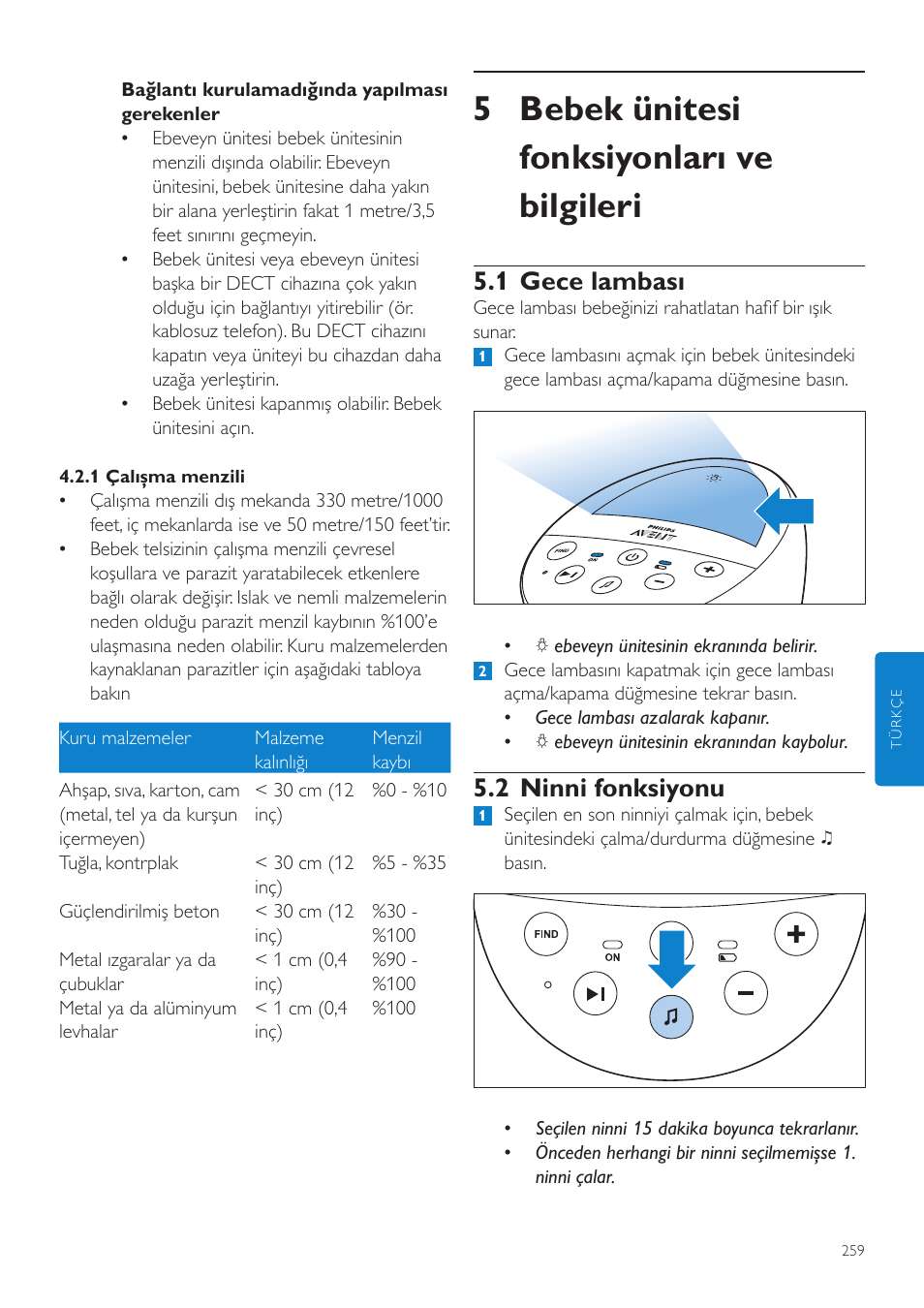 5 bebek ünitesi fonksiyonları ve bilgileri, 1 gece lambası, 2 ninni fonksiyonu | Philips AVENT Écoute-bébé DECT User Manual | Page 259 / 294