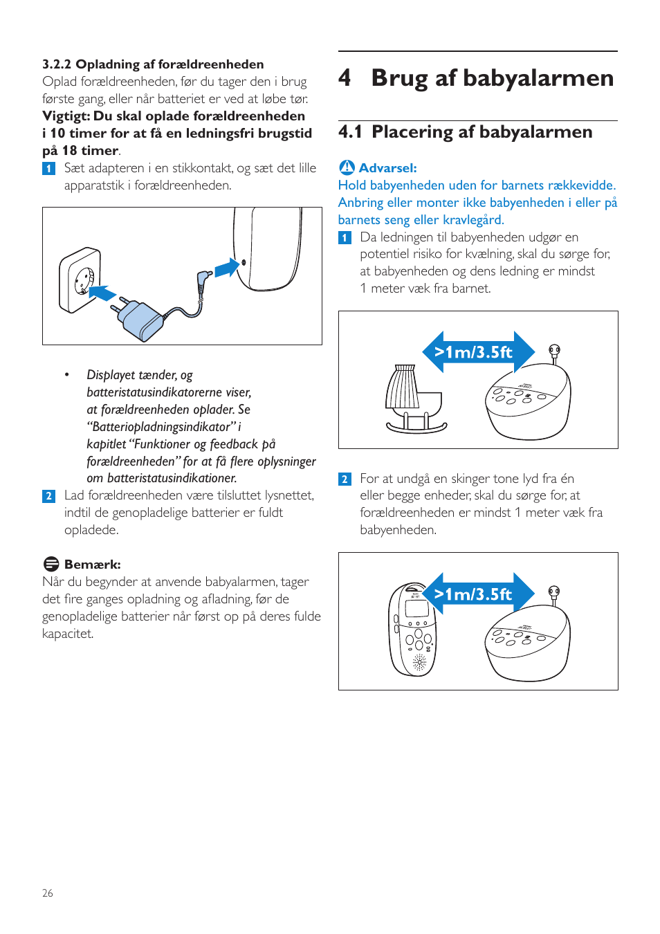 4 brug af babyalarmen, 1 placering af babyalarmen | Philips AVENT Écoute-bébé DECT User Manual | Page 26 / 294