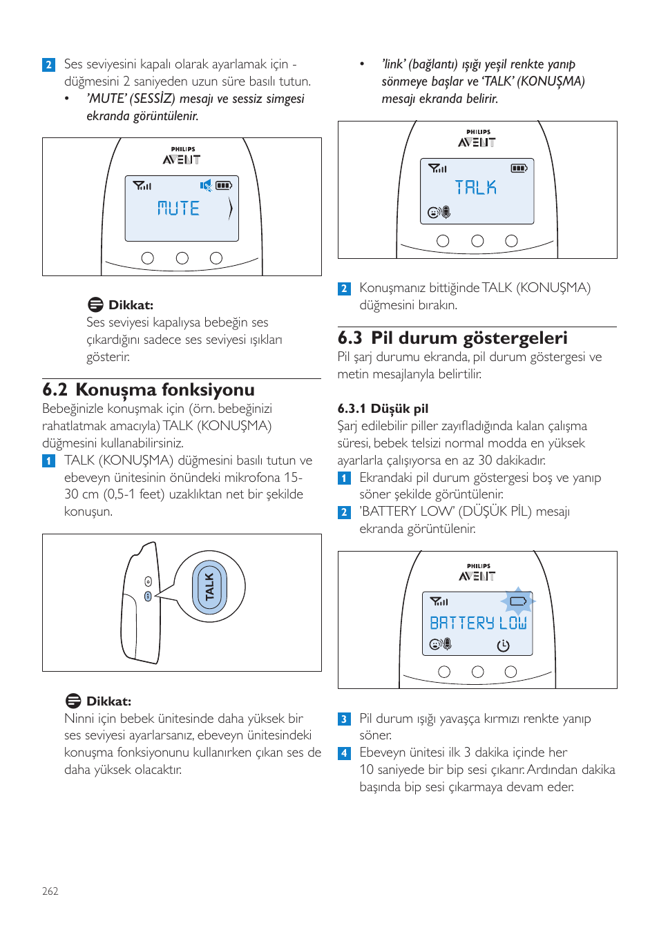 3 pil durum göstergeleri, 2 konuşma fonksiyonu | Philips AVENT Écoute-bébé DECT User Manual | Page 262 / 294