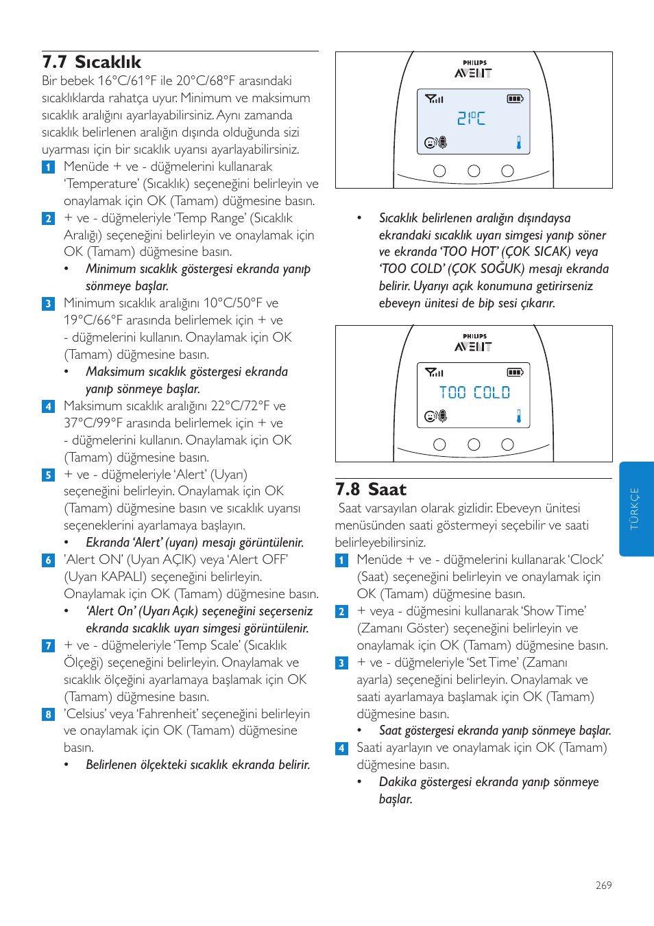 8 saat, 7 sıcaklık | Philips AVENT Écoute-bébé DECT User Manual | Page 269 / 294