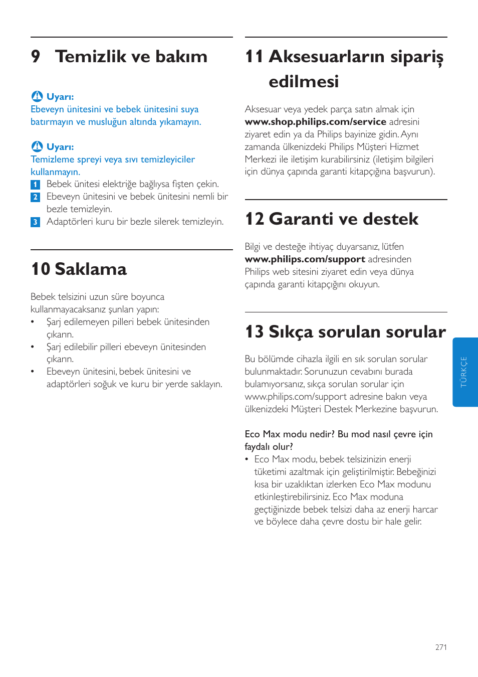 11 aksesuarların sipariş edilmesi, 12 garanti ve destek, 13 sıkça sorulan sorular | 9 temizlik ve bakım, 10 saklama | Philips AVENT Écoute-bébé DECT User Manual | Page 271 / 294