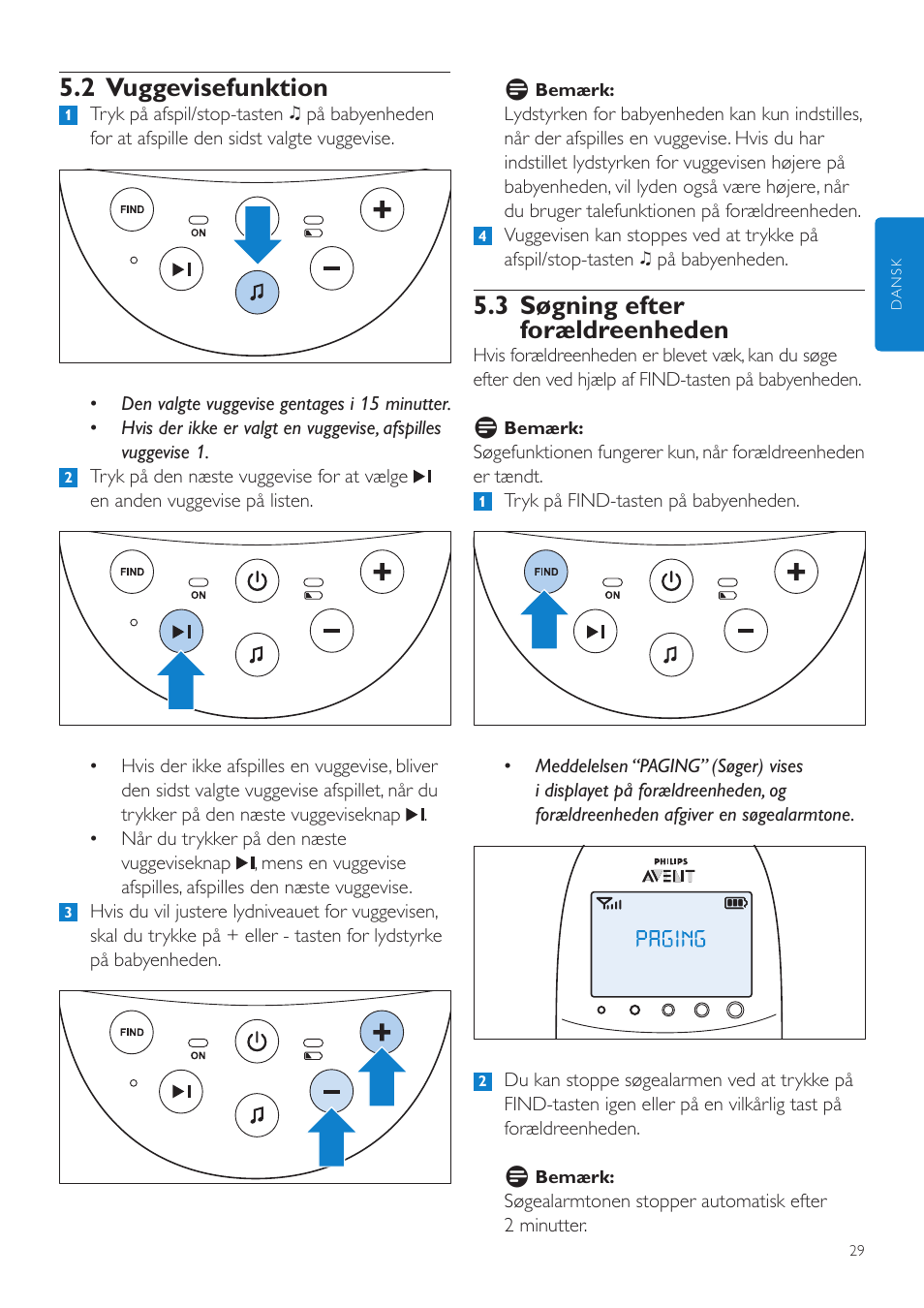 3 søgning efter forældreenheden, 2 vuggevisefunktion | Philips AVENT Écoute-bébé DECT User Manual | Page 29 / 294