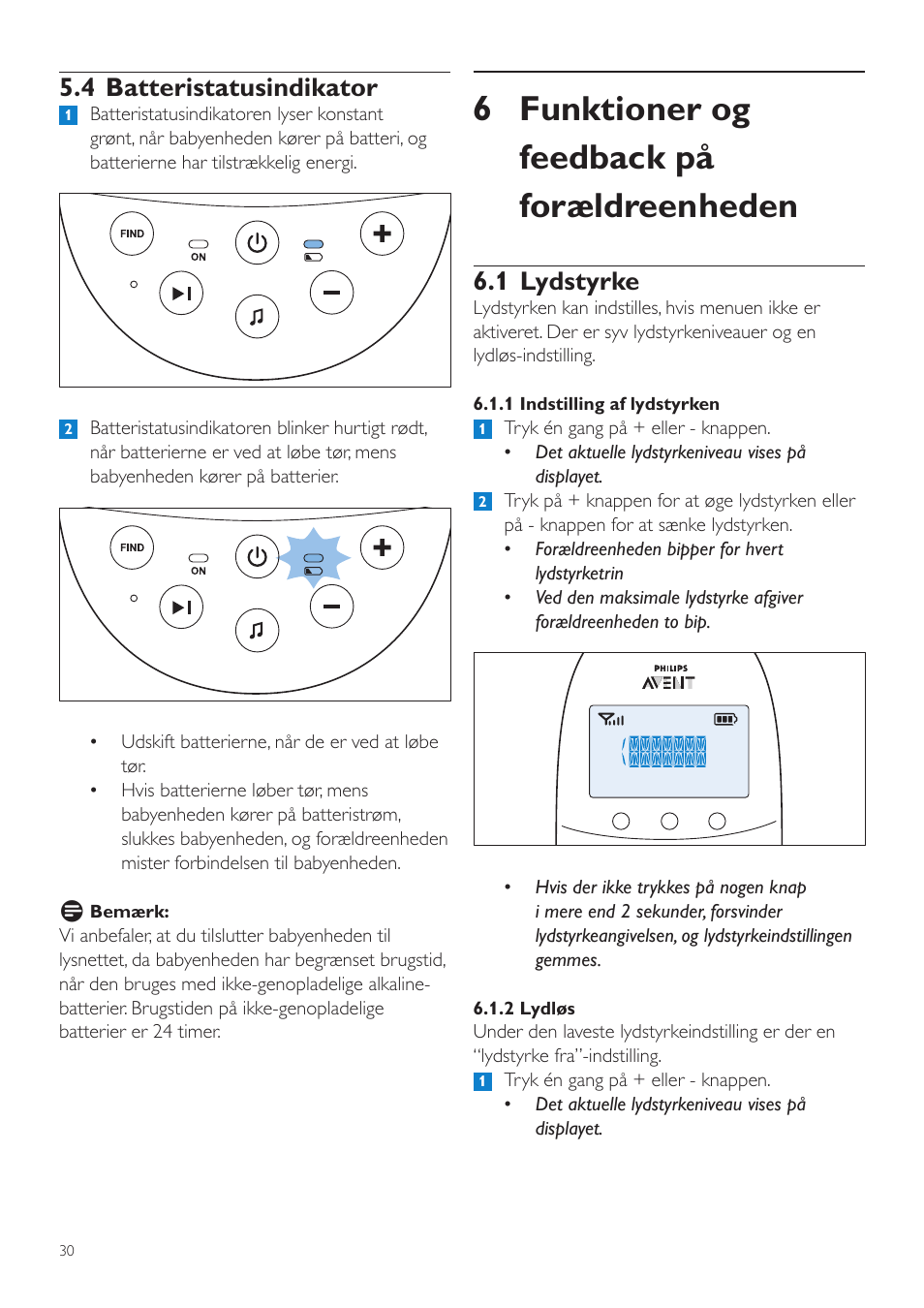 6 funktioner og feedback på forældreenheden, 1 lydstyrke, 4 batteristatusindikator | Philips AVENT Écoute-bébé DECT User Manual | Page 30 / 294