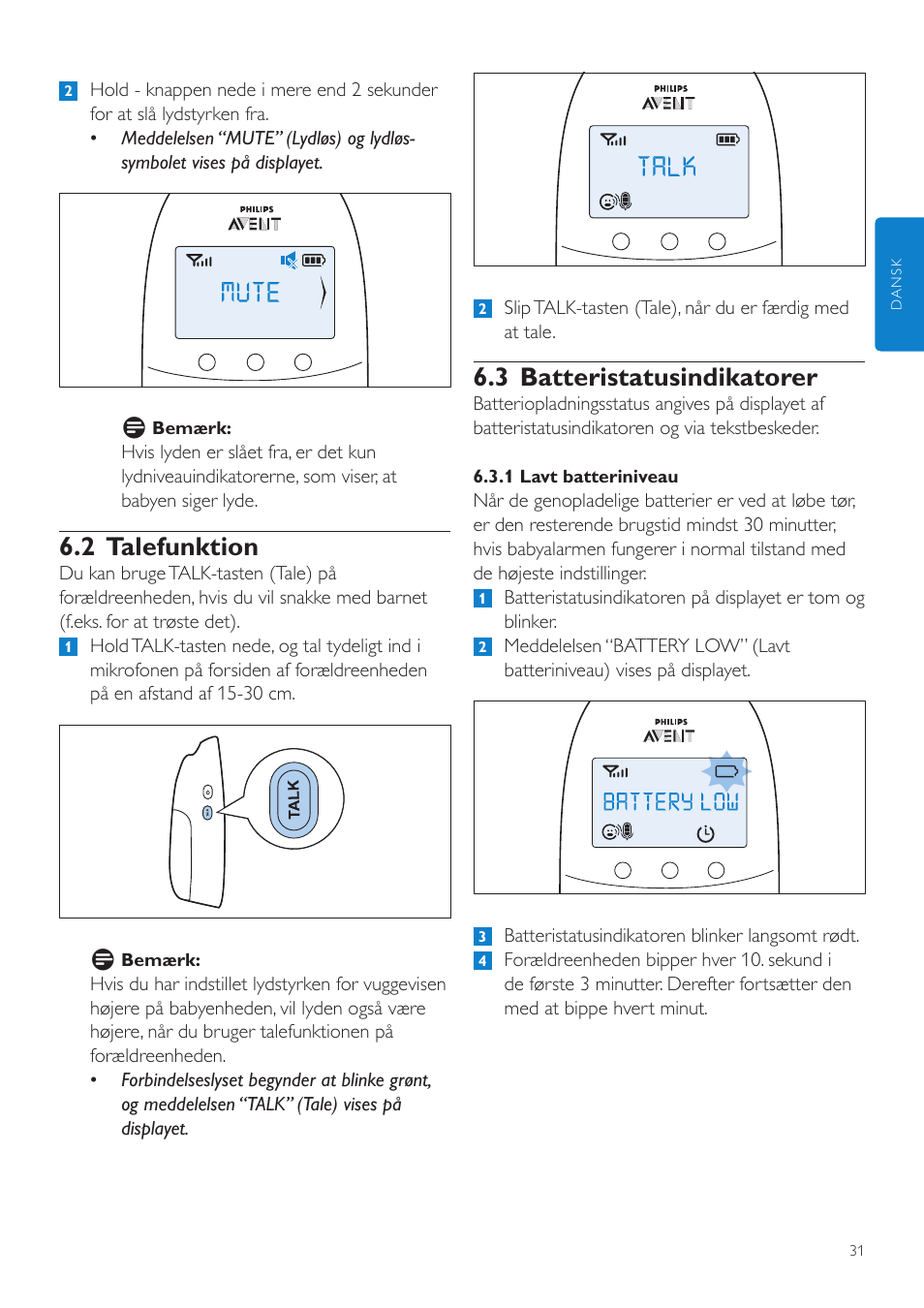 3 batteristatusindikatorer, 2 talefunktion | Philips AVENT Écoute-bébé DECT User Manual | Page 31 / 294