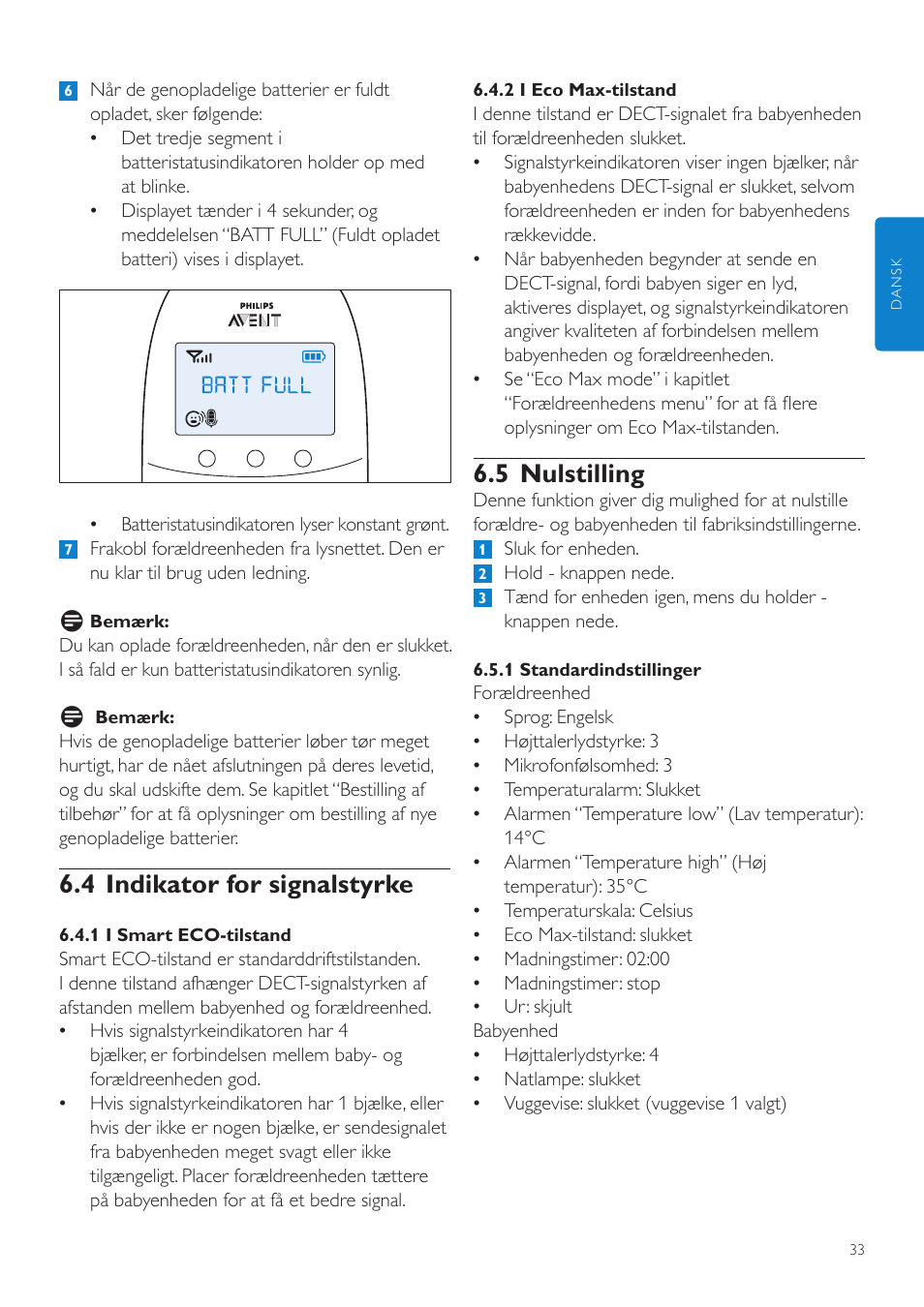 5 nulstilling, 4 indikator for signalstyrke | Philips AVENT Écoute-bébé DECT User Manual | Page 33 / 294