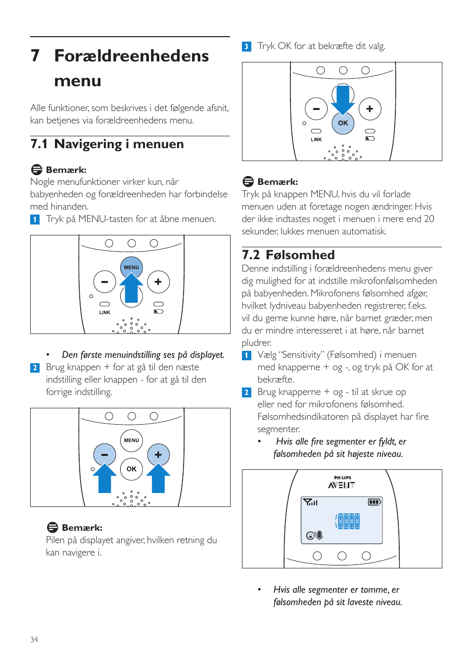 7 forældreenhedens menu, 2 følsomhed, 1 navigering i menuen | Philips AVENT Écoute-bébé DECT User Manual | Page 34 / 294