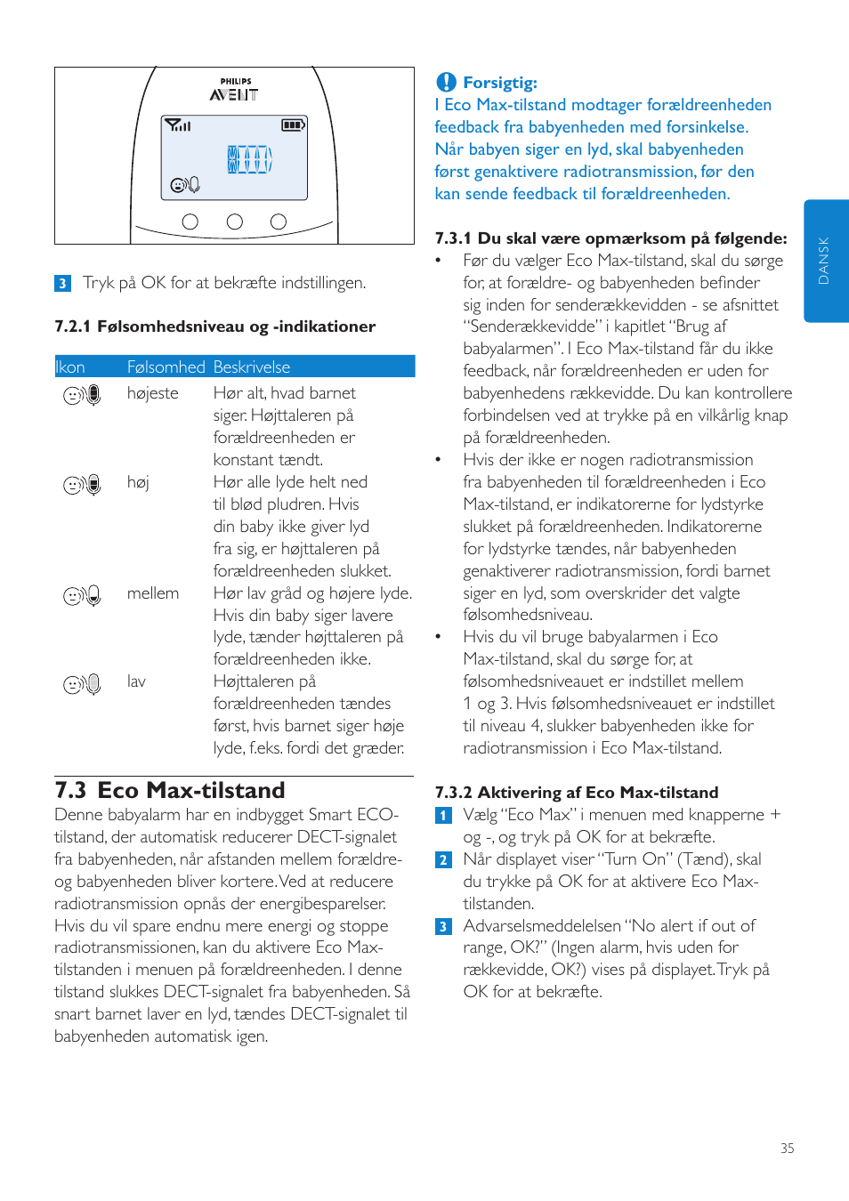 3 eco max-tilstand | Philips AVENT Écoute-bébé DECT User Manual | Page 35 / 294