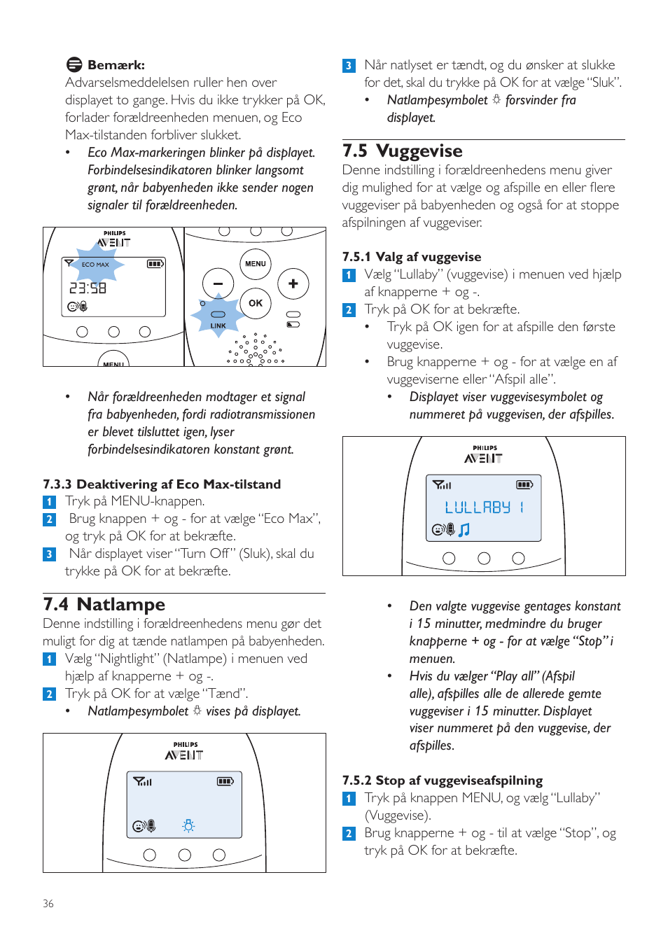 5 vuggevise, 4 natlampe | Philips AVENT Écoute-bébé DECT User Manual | Page 36 / 294