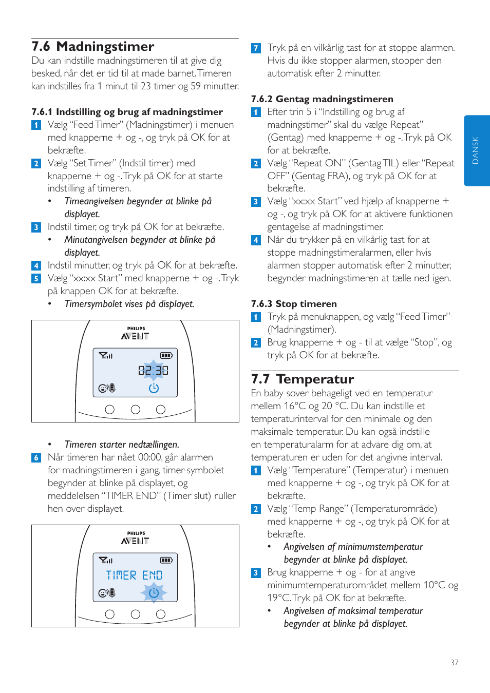 7 temperatur, 6 madningstimer | Philips AVENT Écoute-bébé DECT User Manual | Page 37 / 294