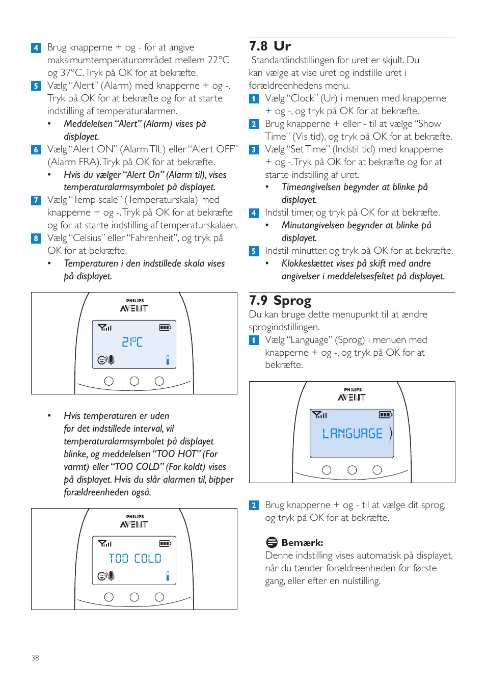 8 ur, 9 sprog | Philips AVENT Écoute-bébé DECT User Manual | Page 38 / 294