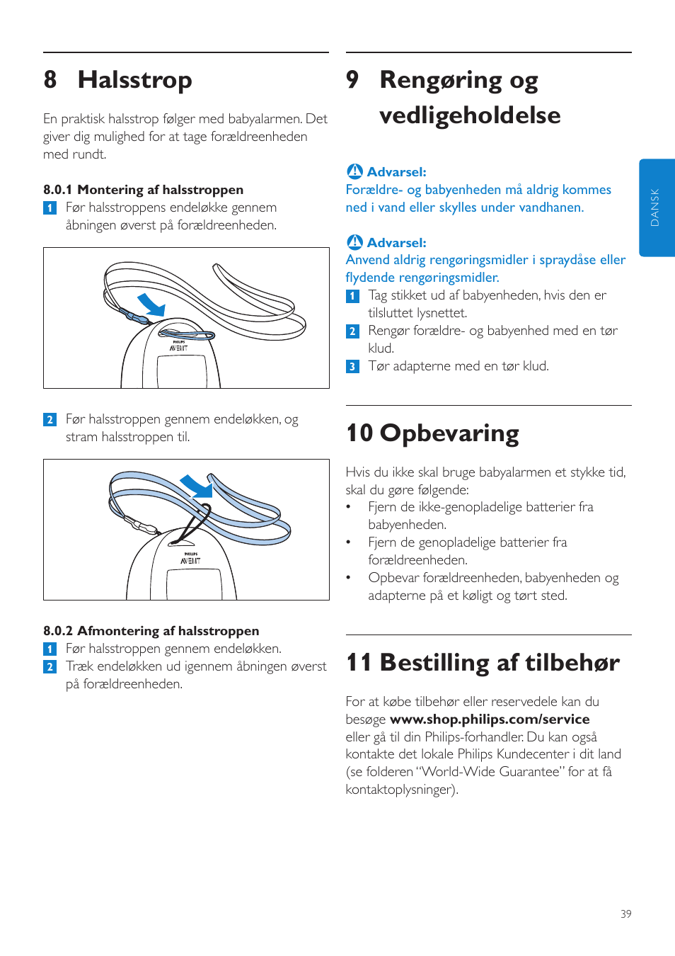 9 rengøring og vedligeholdelse, 10 opbevaring, 11 bestilling af tilbehør | 8 halsstrop | Philips AVENT Écoute-bébé DECT User Manual | Page 39 / 294