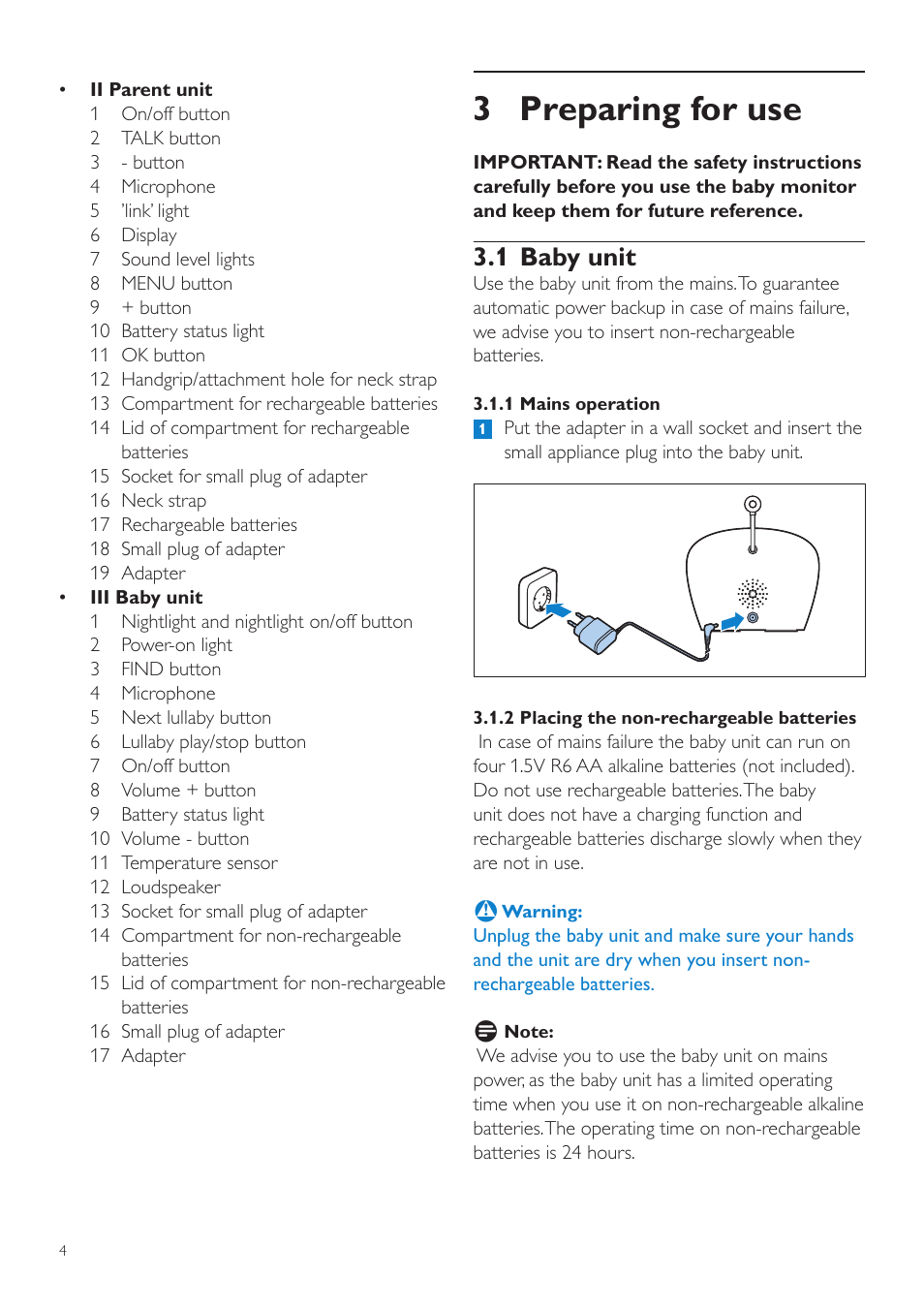 3 preparing for use, 1 baby unit | Philips AVENT Écoute-bébé DECT User Manual | Page 4 / 294