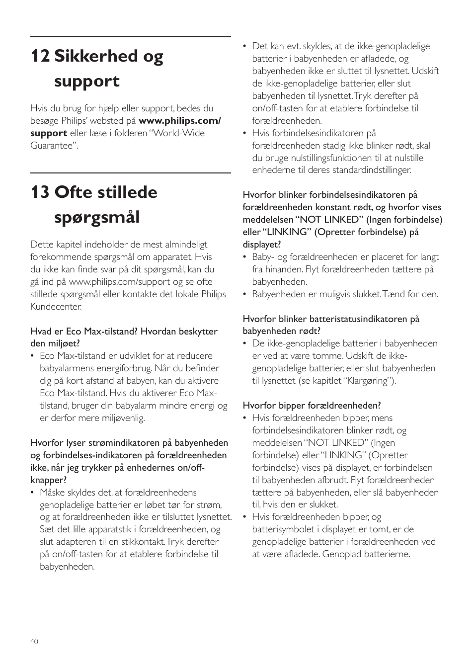 12 sikkerhed og support, 13 ofte stillede spørgsmål | Philips AVENT Écoute-bébé DECT User Manual | Page 40 / 294