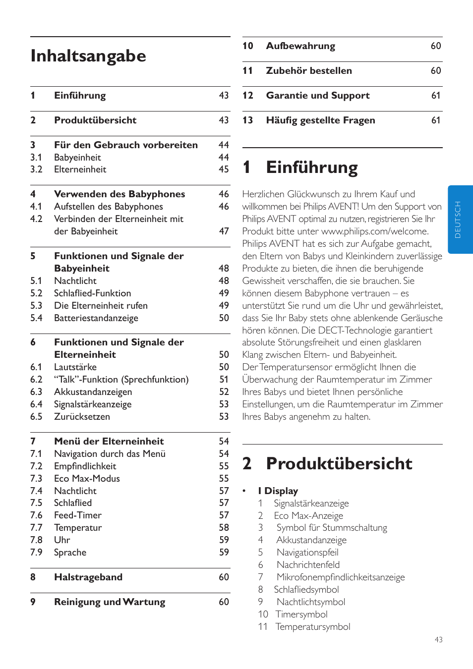 Deutsch, De benutzerhandbuch, 1 einführung | 2 produktübersicht, Inhaltsangabe | Philips AVENT Écoute-bébé DECT User Manual | Page 43 / 294