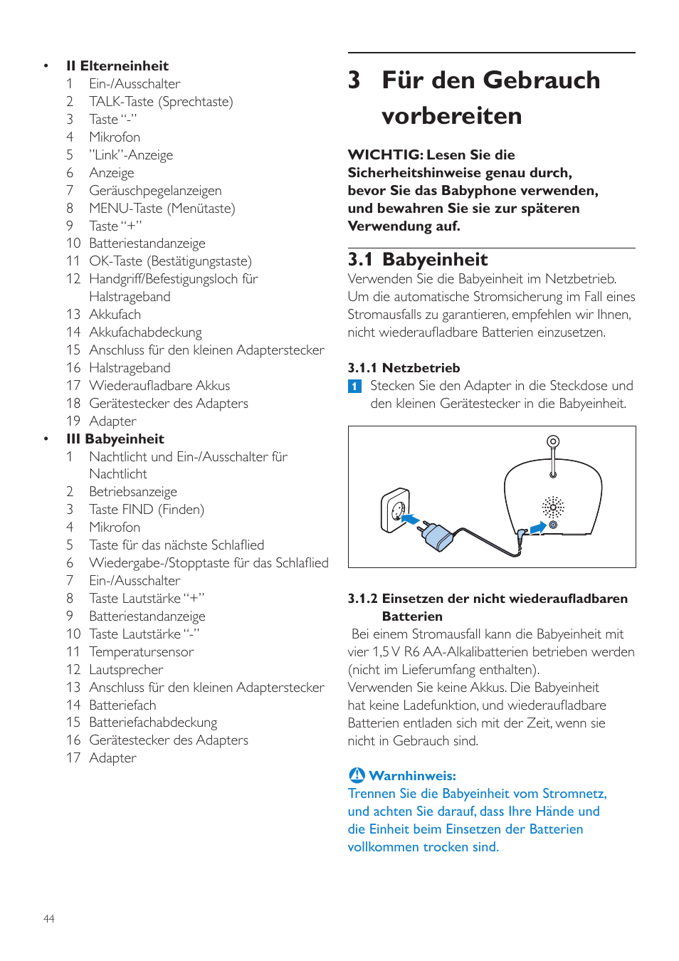 3 für den gebrauch vorbereiten, 1 babyeinheit | Philips AVENT Écoute-bébé DECT User Manual | Page 44 / 294