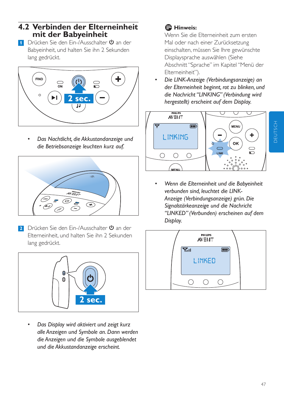 2 verbinden der elterneinheit mit der babyeinheit | Philips AVENT Écoute-bébé DECT User Manual | Page 47 / 294