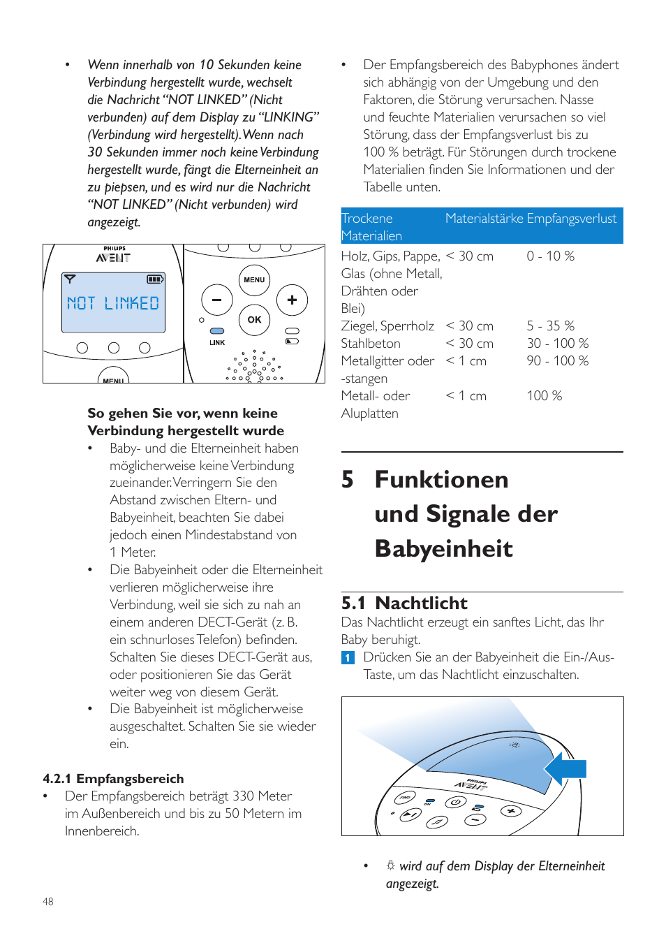 5 funktionen und signale der babyeinheit, 1 nachtlicht | Philips AVENT Écoute-bébé DECT User Manual | Page 48 / 294