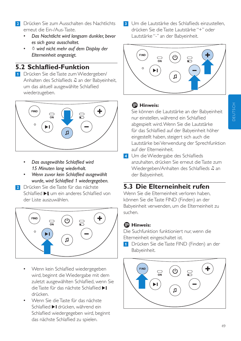 3 die elterneinheit rufen, 2 schlaflied-funktion | Philips AVENT Écoute-bébé DECT User Manual | Page 49 / 294