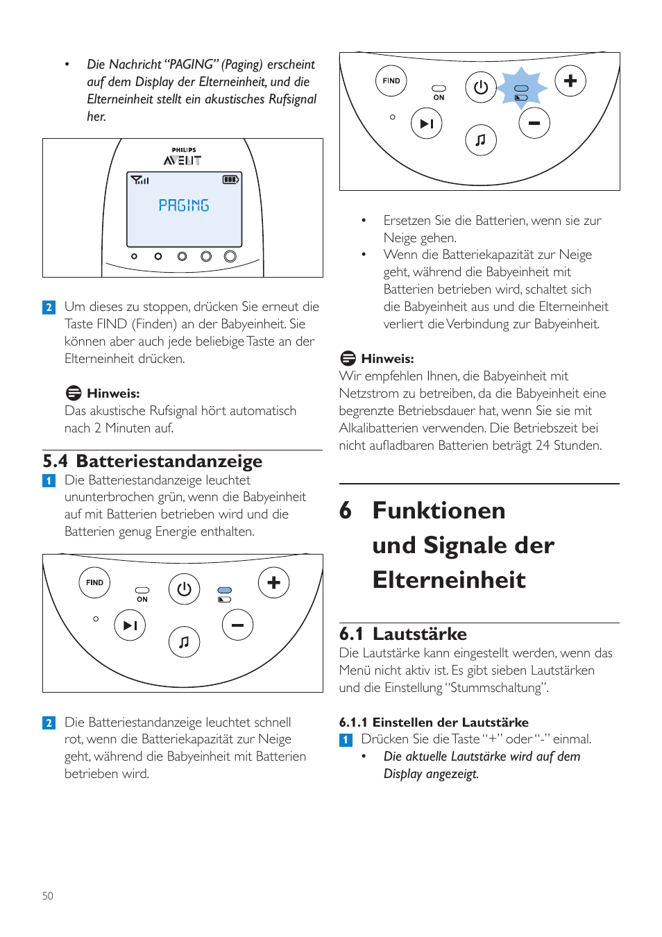 6 funktionen und signale der elterneinheit, 1 lautstärke, 4 batteriestandanzeige | Philips AVENT Écoute-bébé DECT User Manual | Page 50 / 294