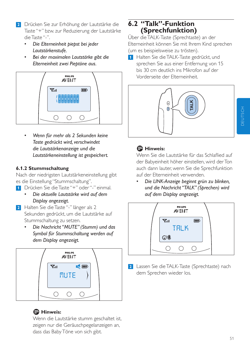 2 “talk”-funktion (sprechfunktion) | Philips AVENT Écoute-bébé DECT User Manual | Page 51 / 294