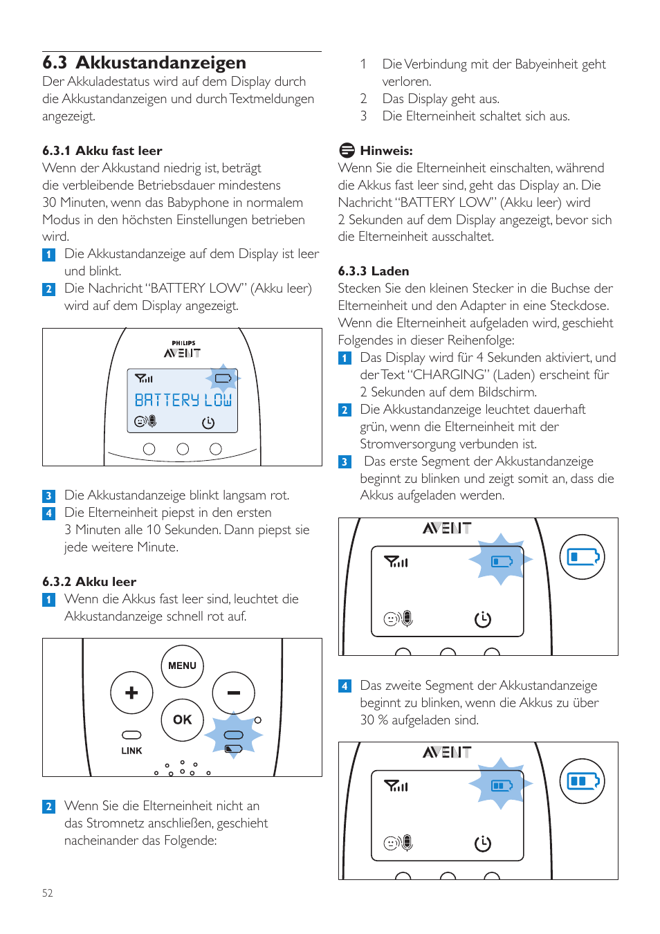 3 akkustandanzeigen | Philips AVENT Écoute-bébé DECT User Manual | Page 52 / 294