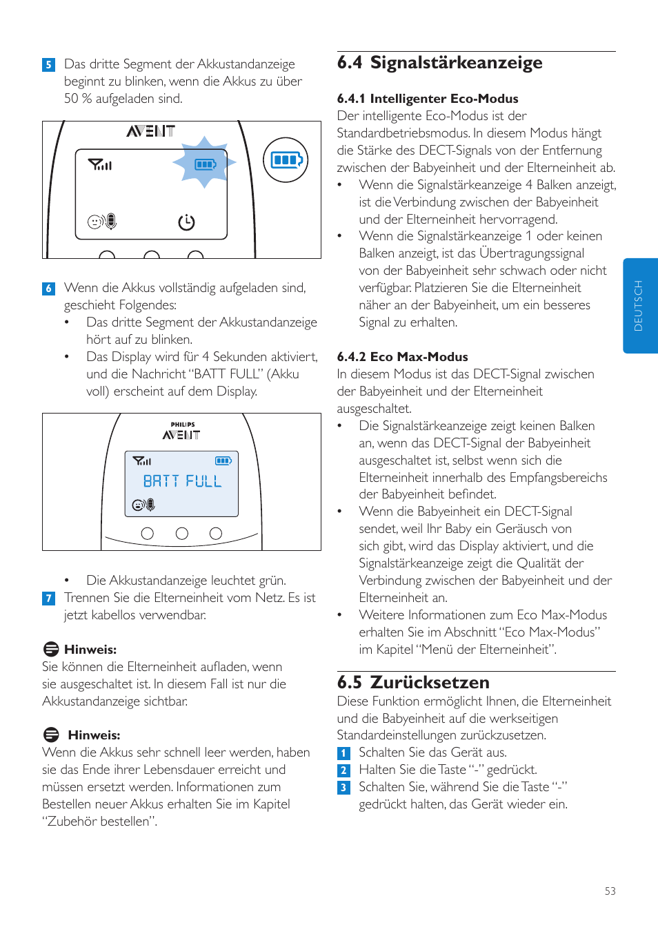 4 signalstärkeanzeige, 5 zurücksetzen | Philips AVENT Écoute-bébé DECT User Manual | Page 53 / 294