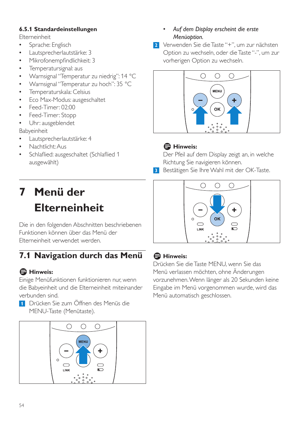 7 menü der elterneinheit, 1 navigation durch das menü | Philips AVENT Écoute-bébé DECT User Manual | Page 54 / 294