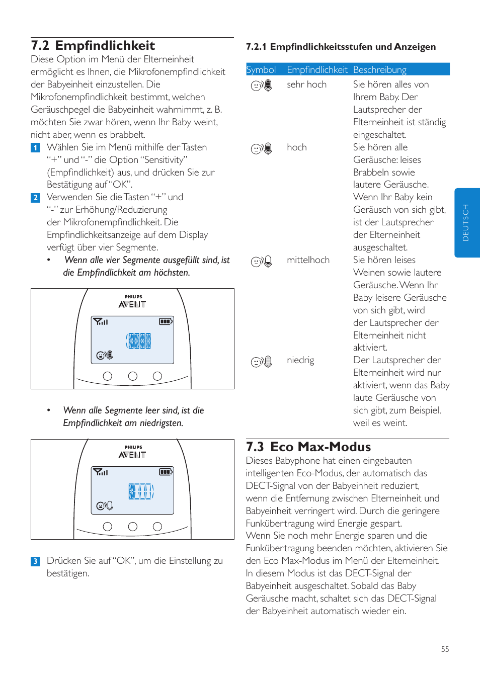 3 eco max-modus, 2 empfindlichkeit | Philips AVENT Écoute-bébé DECT User Manual | Page 55 / 294