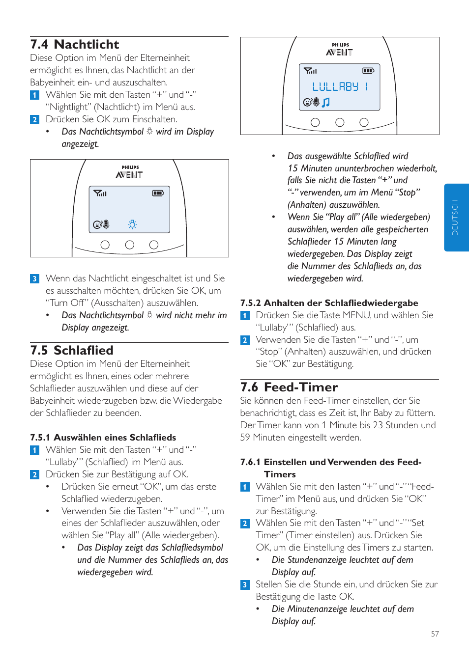 6 feed-timer, 4 nachtlicht, 5 schlaflied | Philips AVENT Écoute-bébé DECT User Manual | Page 57 / 294