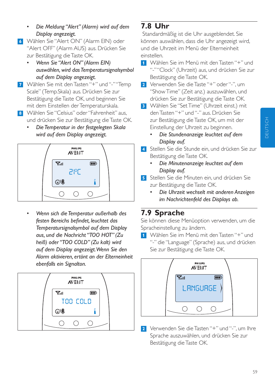 8 uhr, 9 sprache | Philips AVENT Écoute-bébé DECT User Manual | Page 59 / 294