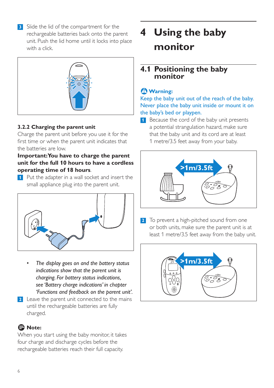 4 using the baby monitor, 1 positioning the baby monitor | Philips AVENT Écoute-bébé DECT User Manual | Page 6 / 294