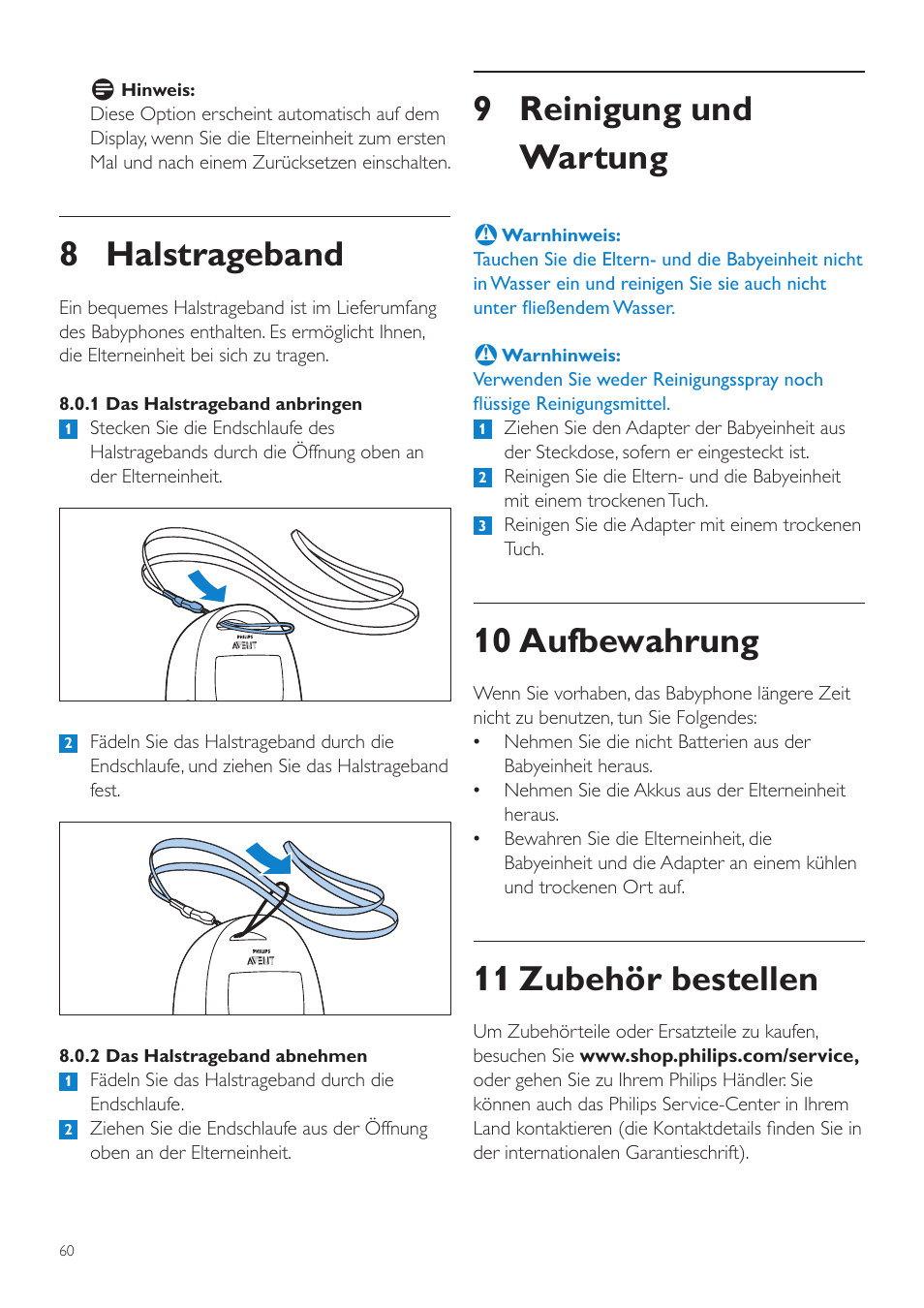 9 reinigung und wartung, 10 aufbewahrung, 11 zubehör bestellen | 8 halstrageband | Philips AVENT Écoute-bébé DECT User Manual | Page 60 / 294