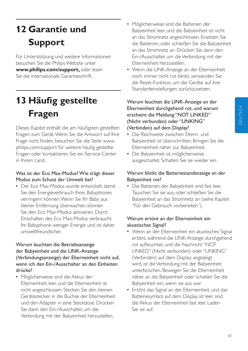 12 garantie und support, 13 häufig gestellte fragen | Philips AVENT Écoute-bébé DECT User Manual | Page 61 / 294