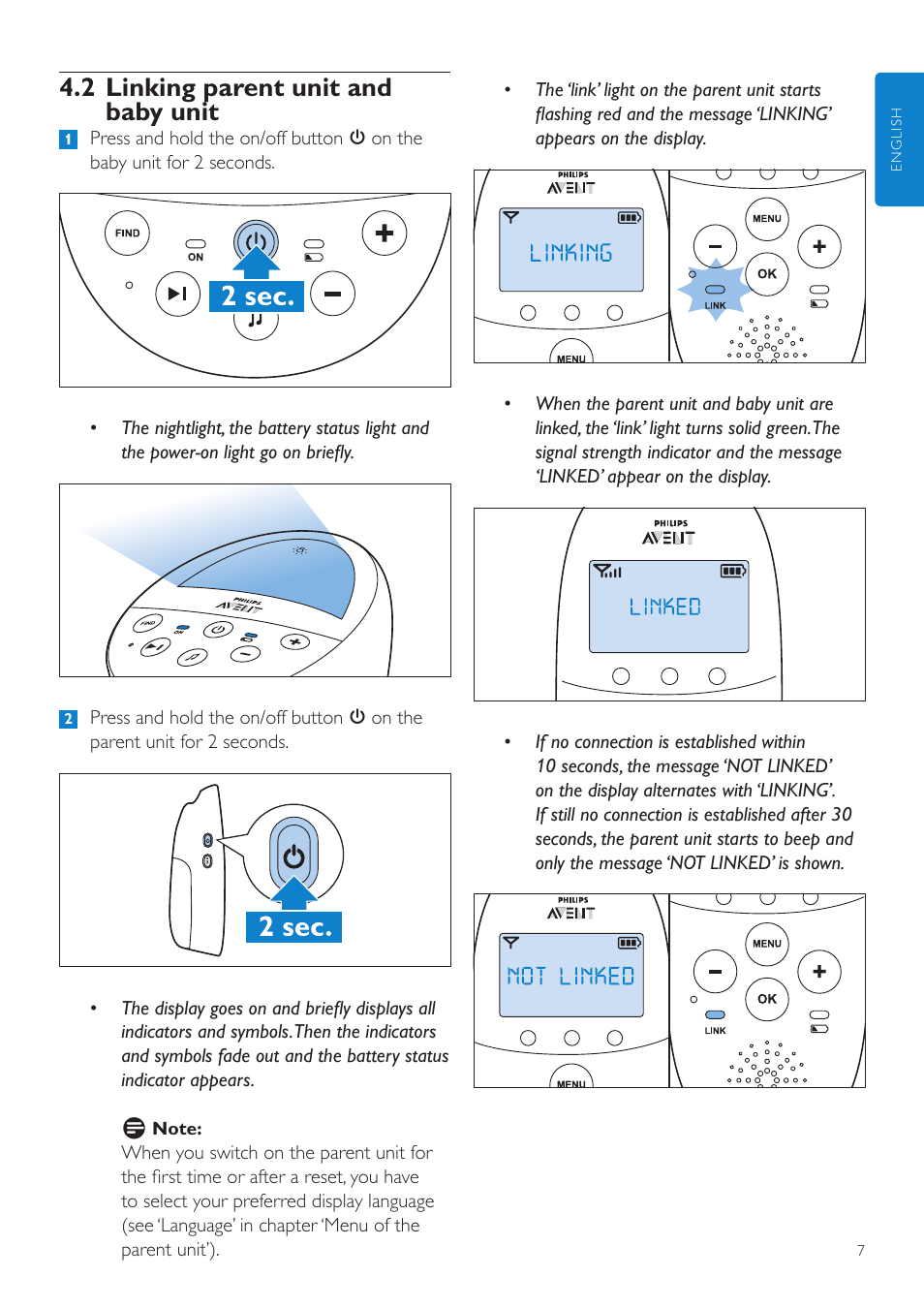 2 linking parent unit and baby unit | Philips AVENT Écoute-bébé DECT User Manual | Page 7 / 294