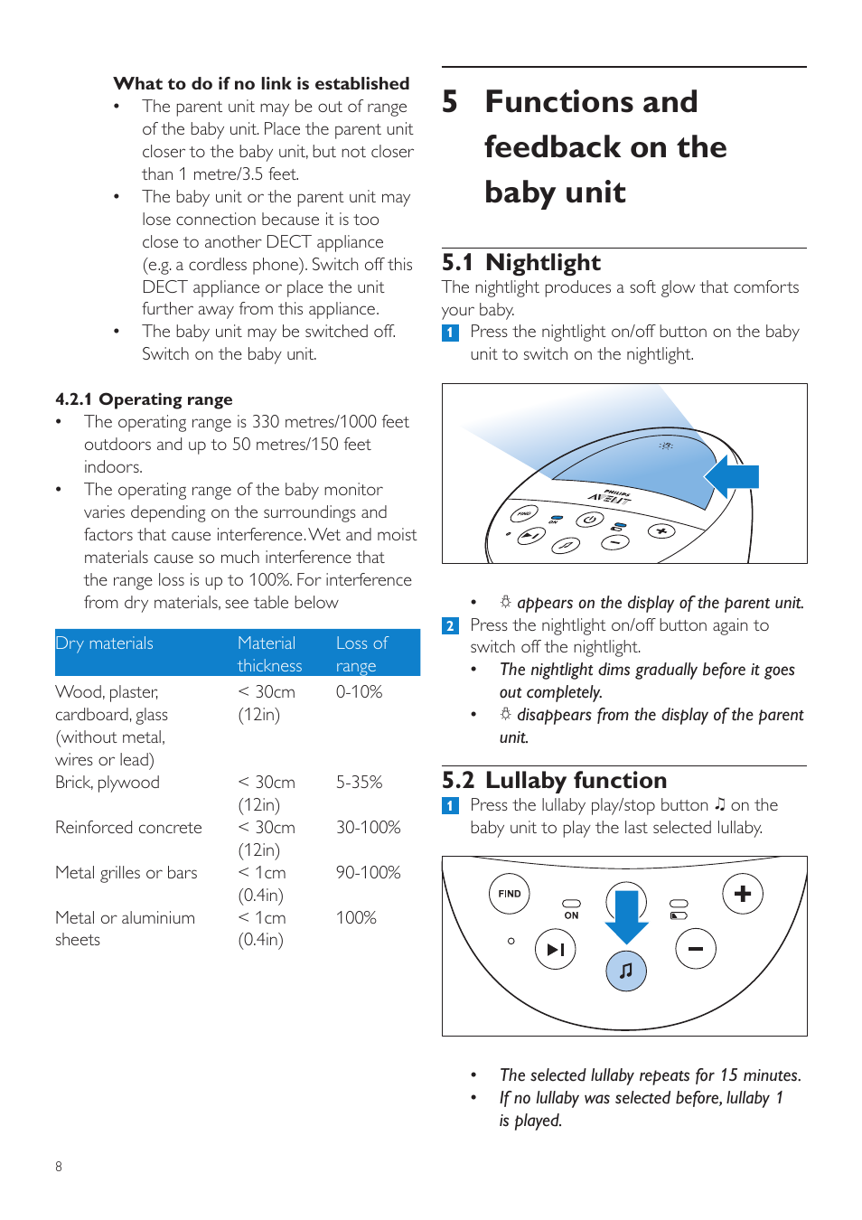 5 functions and feedback on the baby unit, 1 nightlight, 2 lullaby function | Philips AVENT Écoute-bébé DECT User Manual | Page 8 / 294