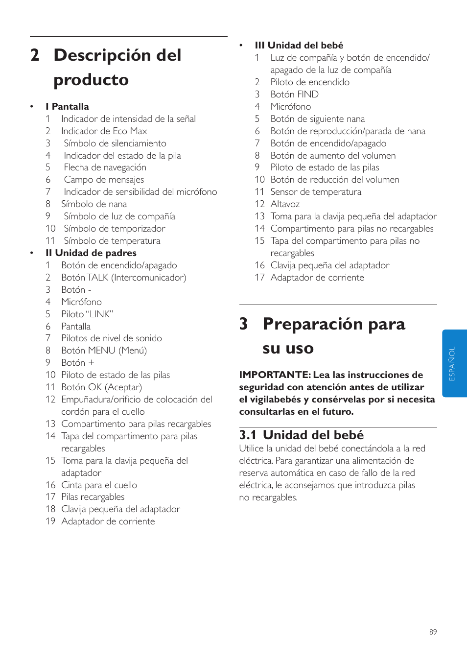 3 preparación para su uso, 2 descripción del producto, 1 unidad del bebé | Philips AVENT Écoute-bébé DECT User Manual | Page 89 / 294