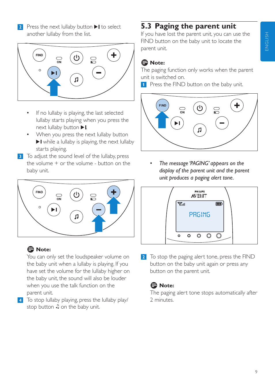 3 paging the parent unit | Philips AVENT Écoute-bébé DECT User Manual | Page 9 / 294