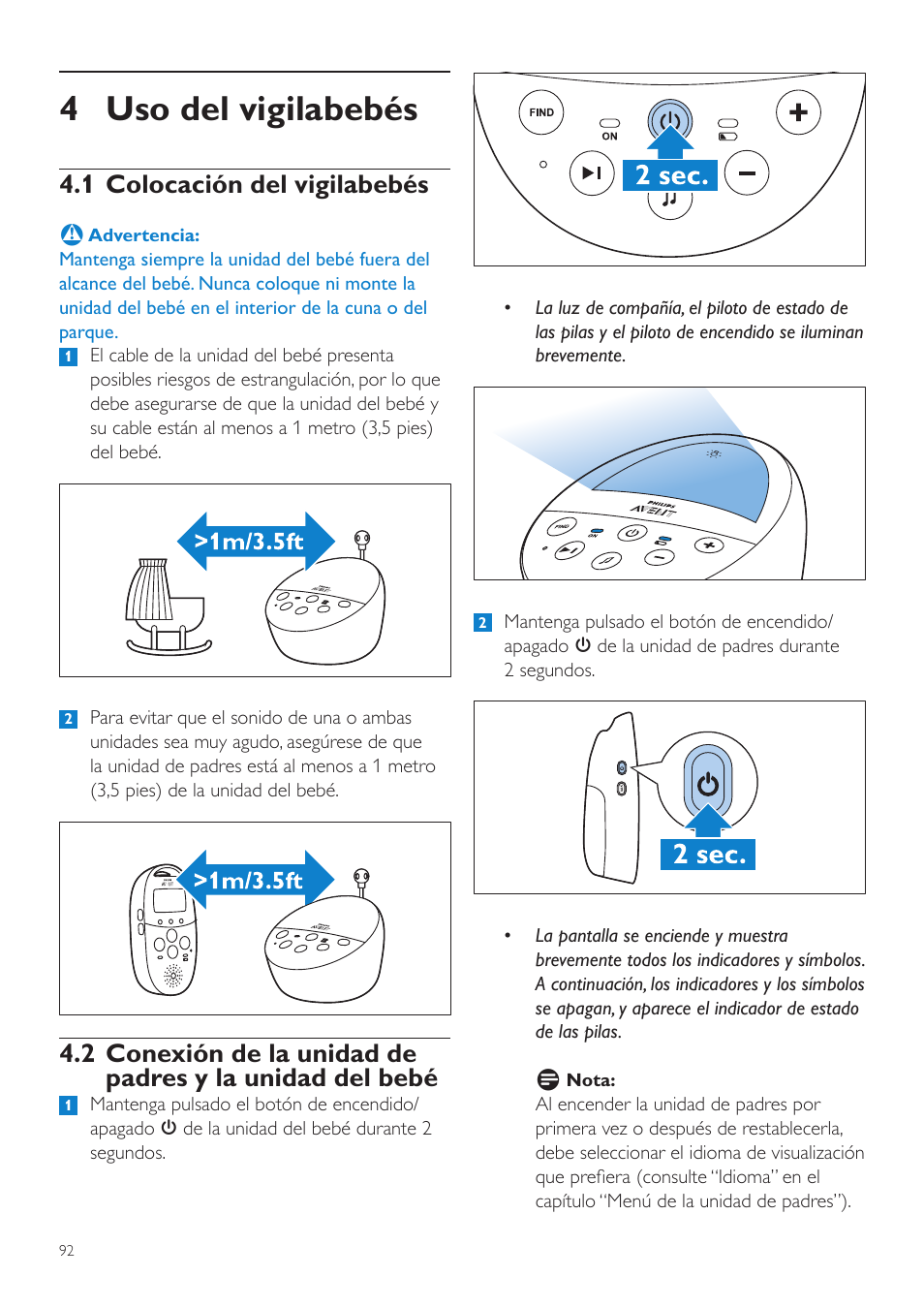 4 uso del vigilabebés, 1 colocación del vigilabebés | Philips AVENT Écoute-bébé DECT User Manual | Page 92 / 294