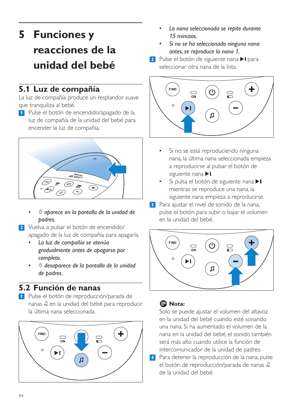 5 funciones y reacciones de la unidad del bebé, 1 luz de compañía, 2 función de nanas | Philips AVENT Écoute-bébé DECT User Manual | Page 94 / 294