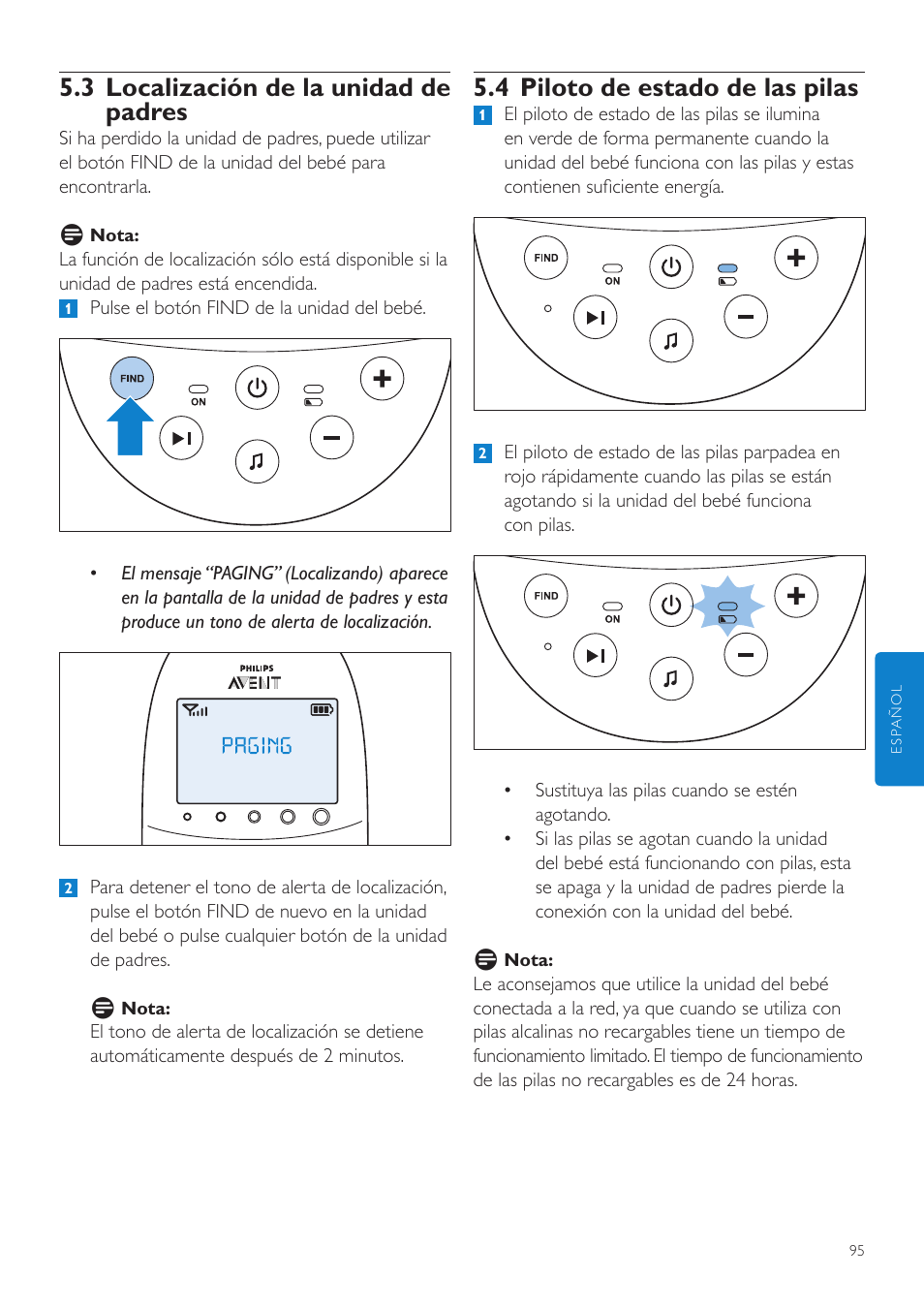 4 piloto de estado de las pilas, 3 localización de la unidad de padres | Philips AVENT Écoute-bébé DECT User Manual | Page 95 / 294