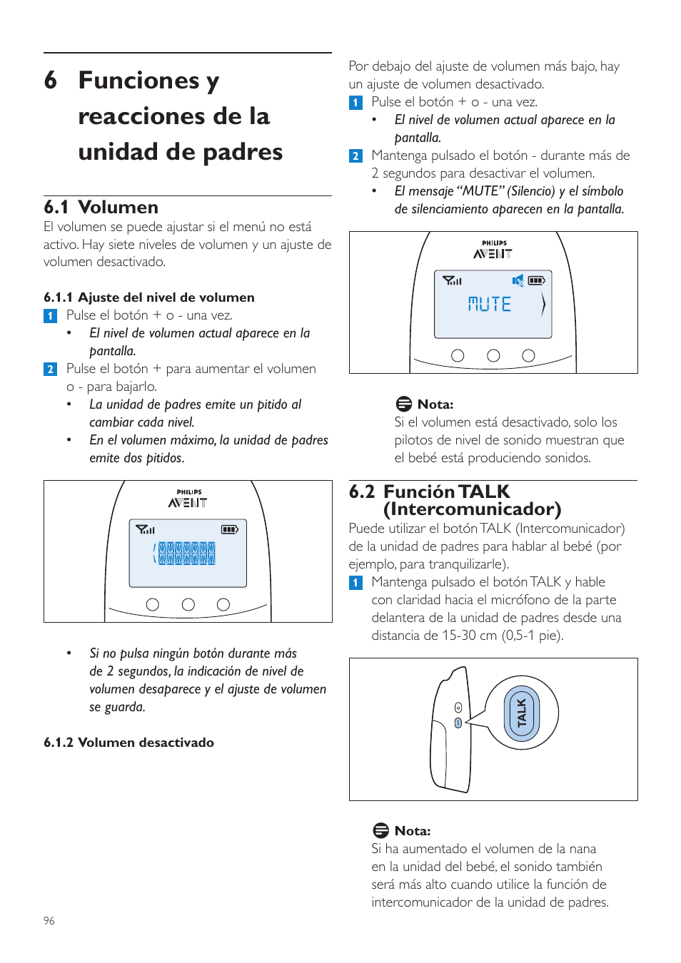 6 funciones y reacciones de la unidad de padres, 2 función talk (intercomunicador), 1 volumen | Philips AVENT Écoute-bébé DECT User Manual | Page 96 / 294