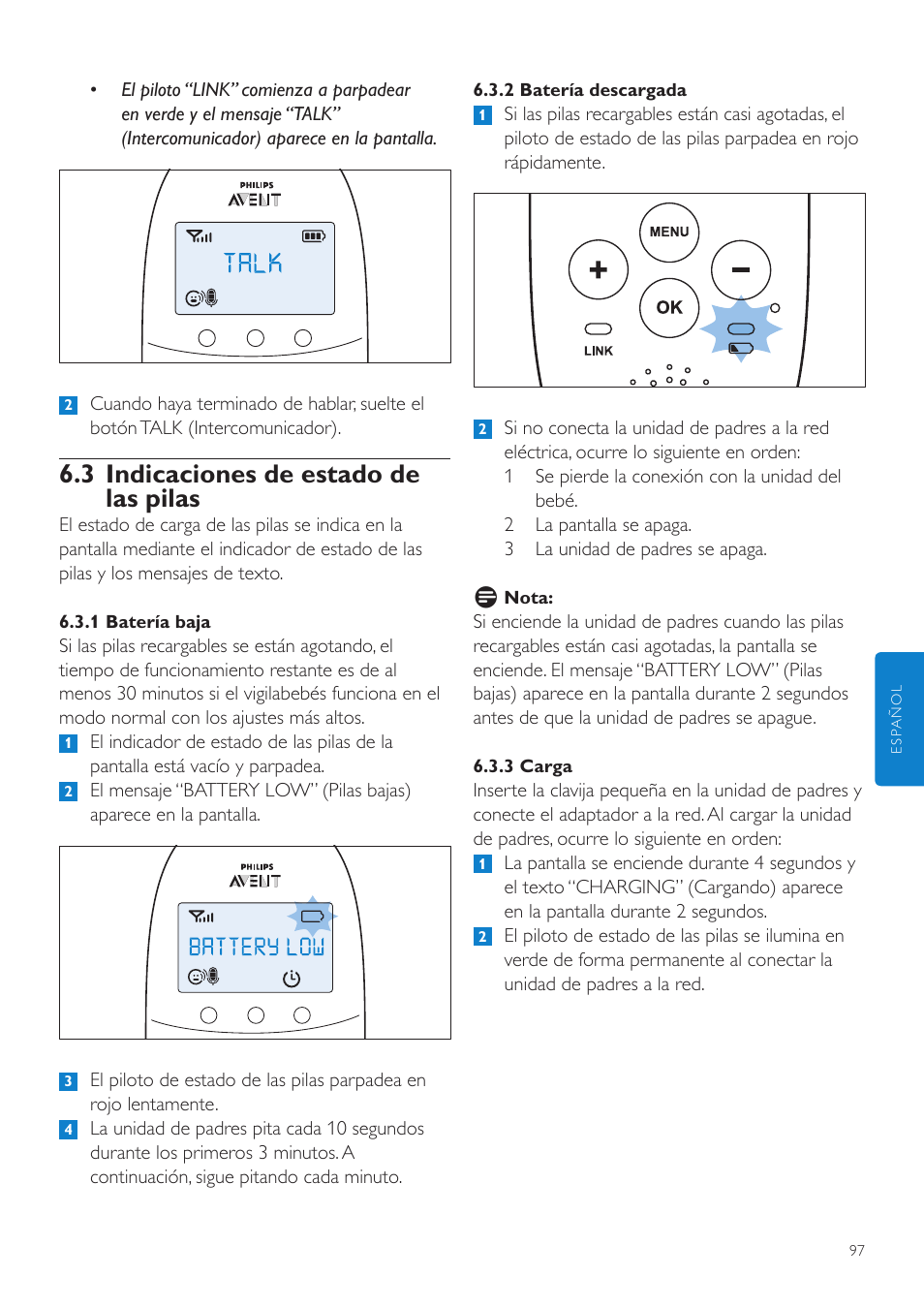 3 indicaciones de estado de las pilas | Philips AVENT Écoute-bébé DECT User Manual | Page 97 / 294