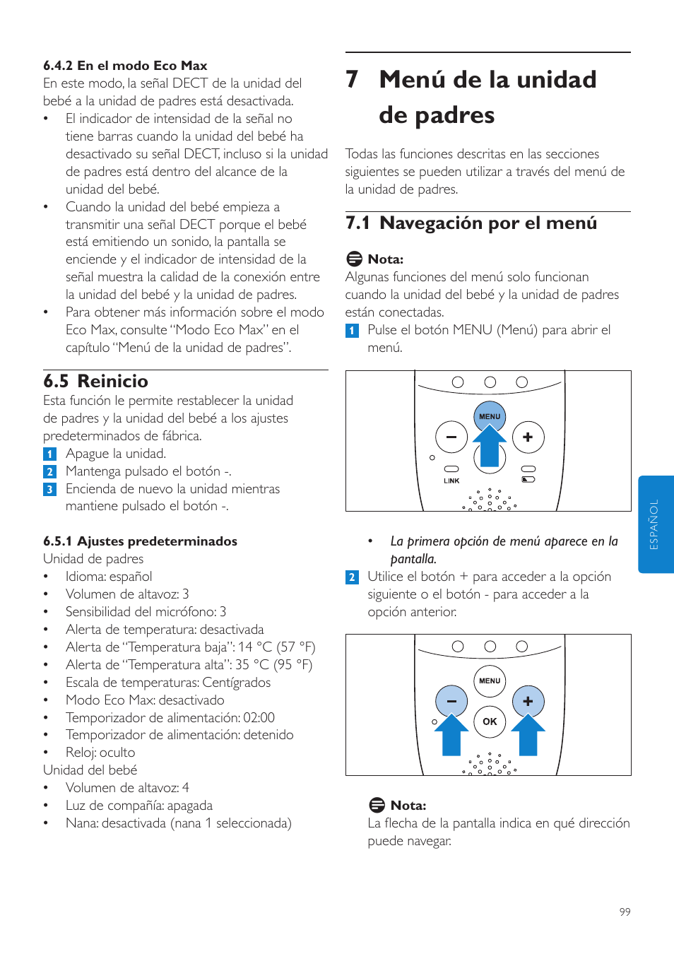 7 menú de la unidad de padres, 1 navegación por el menú, 5 reinicio | Philips AVENT Écoute-bébé DECT User Manual | Page 99 / 294