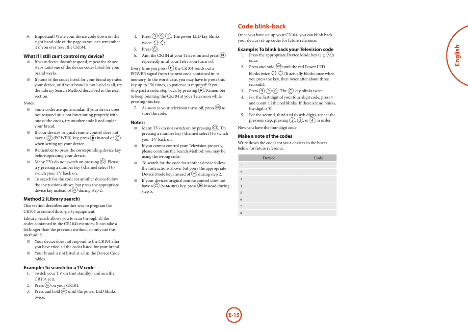 English, Code blink-back | Arcam Blu-Ray Disc Player BDP300 User Manual | Page 15 / 41