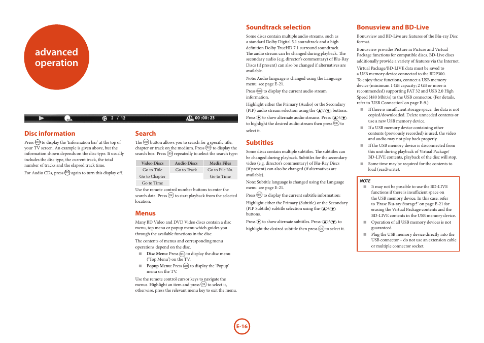 Advanced operation, Bonusview and bd-live, Disc information | Search, Menus, Soundtrack selection, Subtitles | Arcam Blu-Ray Disc Player BDP300 User Manual | Page 16 / 41