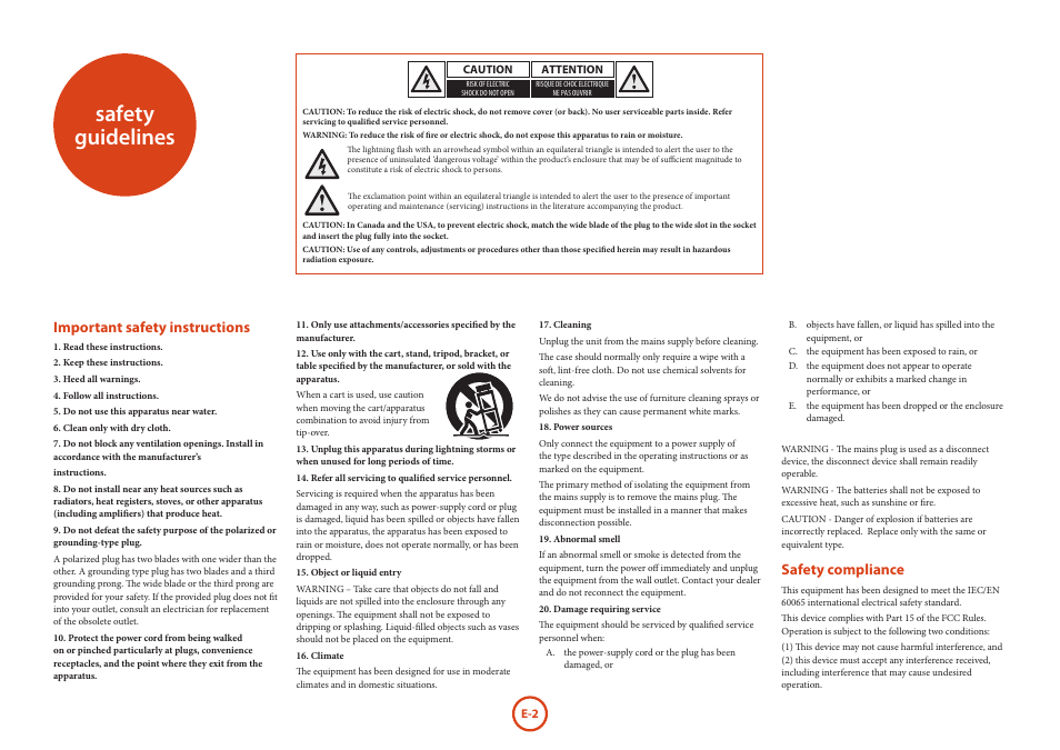 Safety guidelines, Important safety instructions, Safety compliance | Arcam Blu-Ray Disc Player BDP300 User Manual | Page 2 / 41