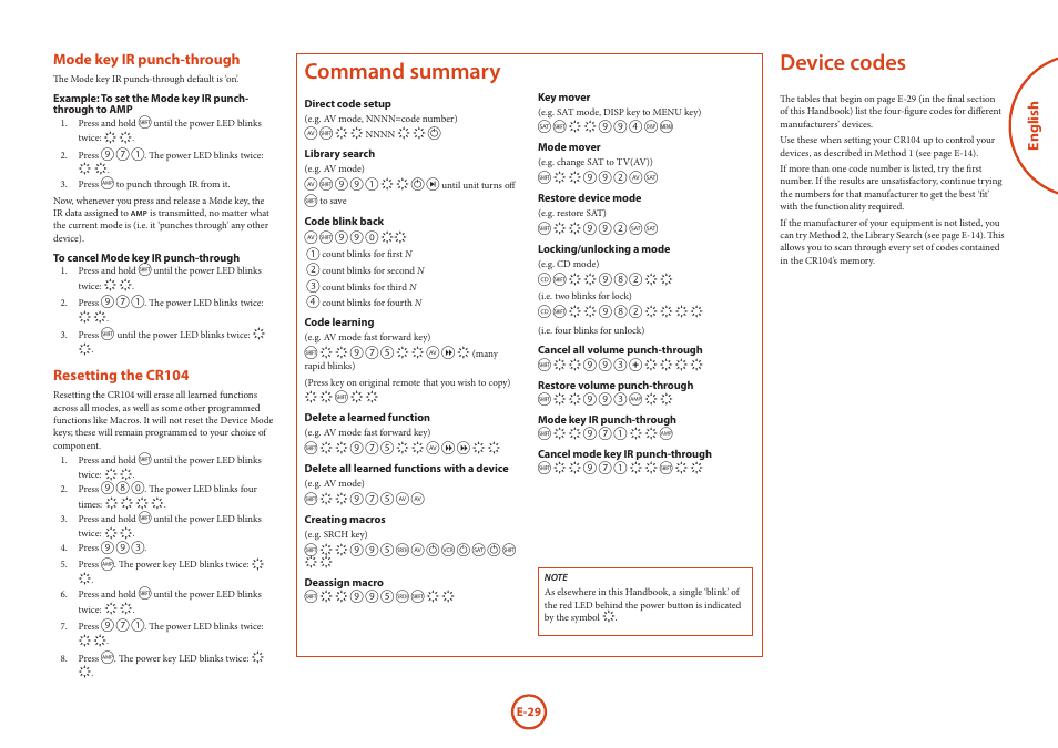 Device codes, Command summary, English | Mode key ir punch-through, Resetting the cr104 | Arcam Blu-Ray Disc Player BDP300 User Manual | Page 29 / 41