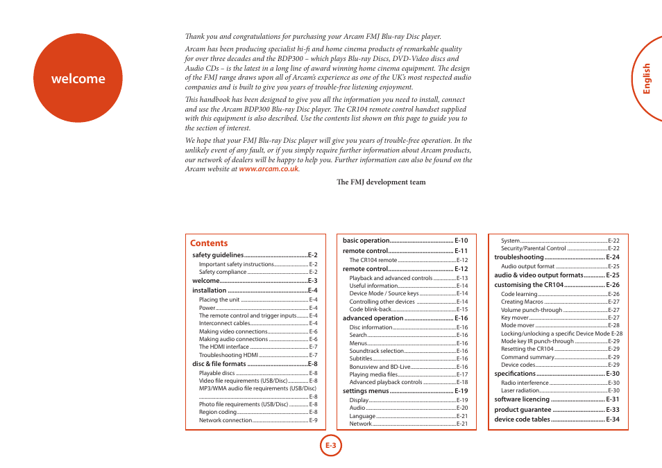 Welcome | Arcam Blu-Ray Disc Player BDP300 User Manual | Page 3 / 41