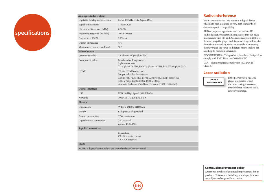 Specifications, Radio interference, Laser radiation | Arcam Blu-Ray Disc Player BDP300 User Manual | Page 30 / 41