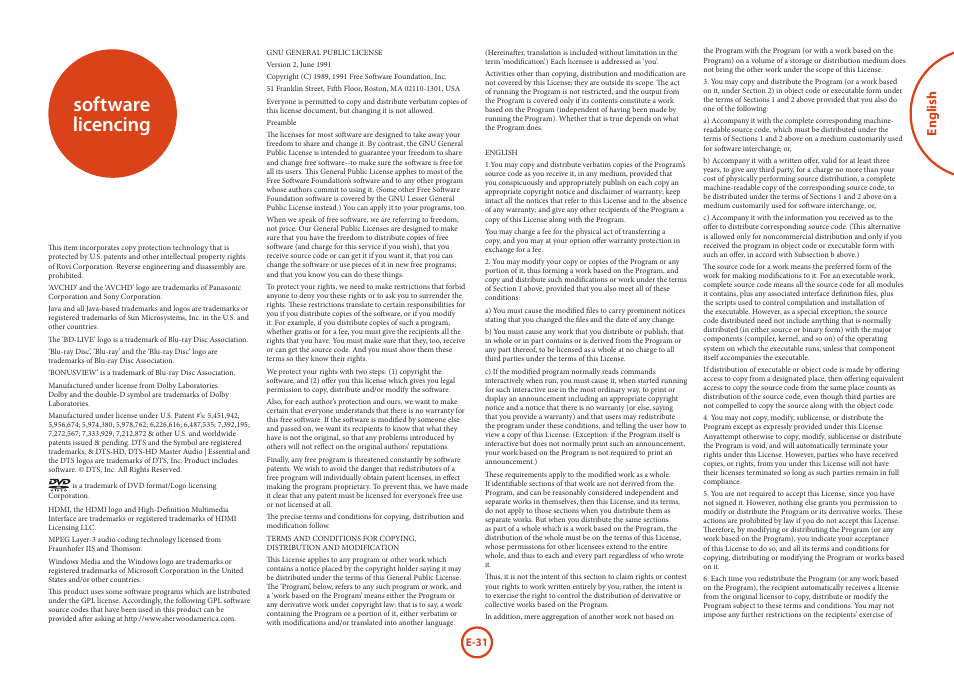 Software licencing, English, E-31 | Arcam Blu-Ray Disc Player BDP300 User Manual | Page 31 / 41
